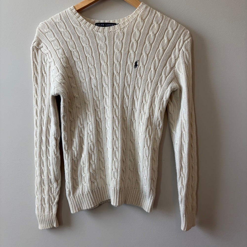 Ralph Lauren Womens Cable Knit Sweater Cream White Crew Neck Pony Logo Size S
